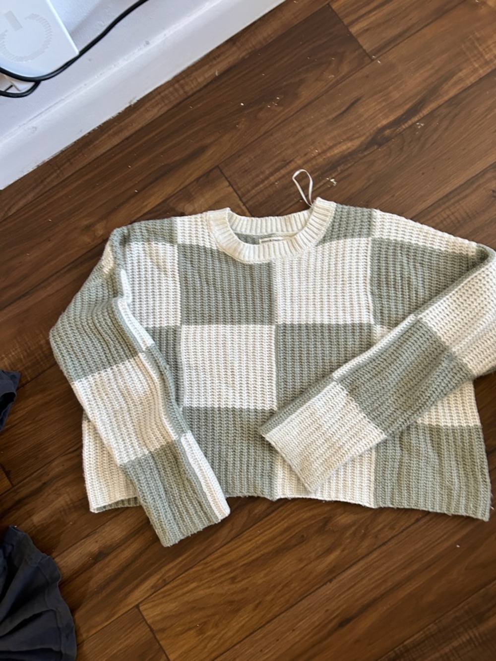 moon & madison Sage and Cream Checkerboard Crewneck Sweater